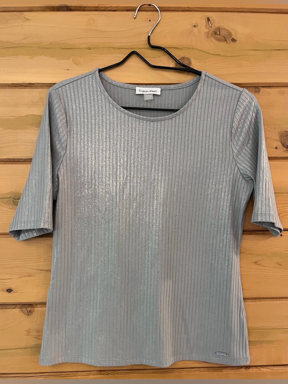 Calvin Klein Metallic Ribbed Elbow Sleeve Top Silver Gray Size S